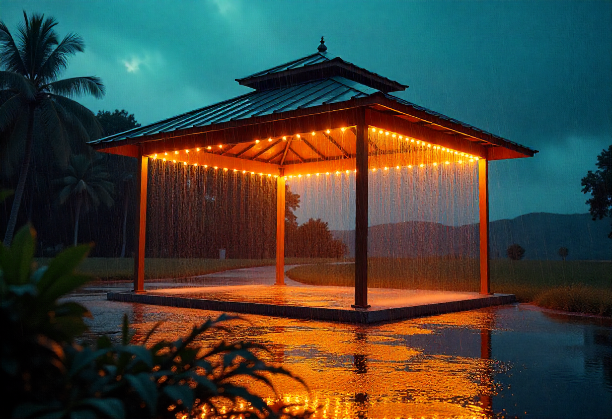 Metal frame gazebo during intense weather conditions