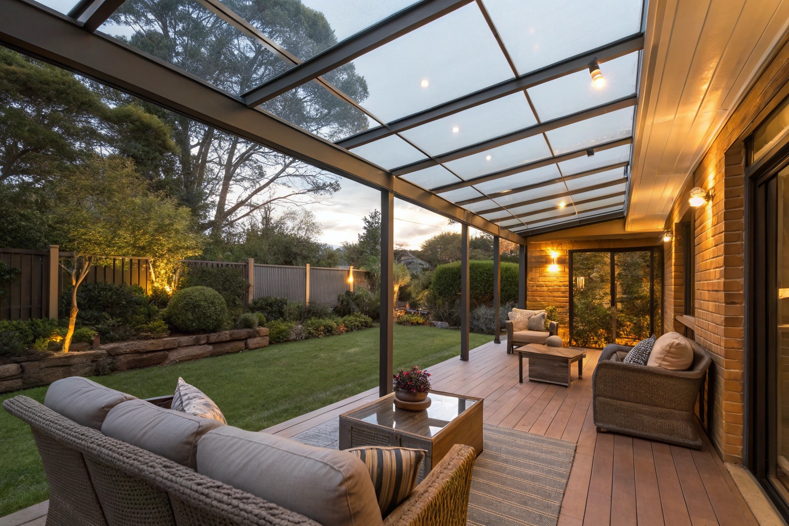Glass enclosed patio with outdoor furniture in Canberra home backyard