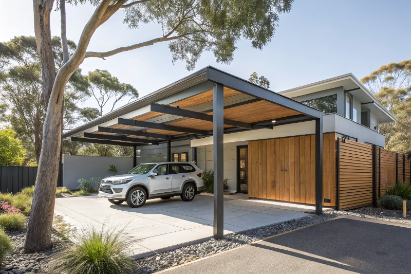 carport-pergola-combination-canberra Custom carport and pergola combination structure at modern Canberra home with steel frame and timber accents