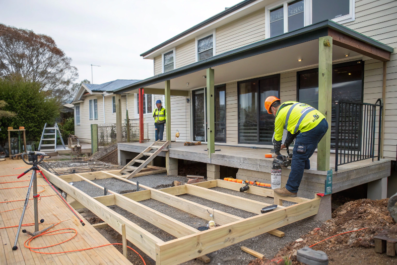 Deck construction showing foundation posts and bearers installation by professional Canberra deck builders