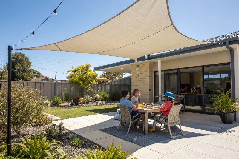 Canberra family eating lunch safely under shade sail structure in backyard during sunny day