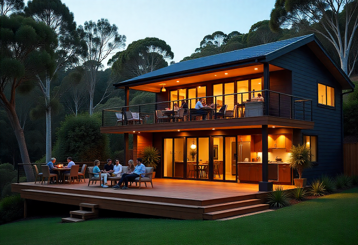 Multi-level deck with distinct entertainment zones in use