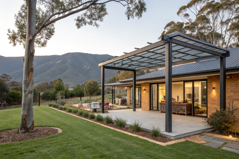 Modern freestanding pergola in Canberra backyard with Brindabella mountain views and spacious lawn area