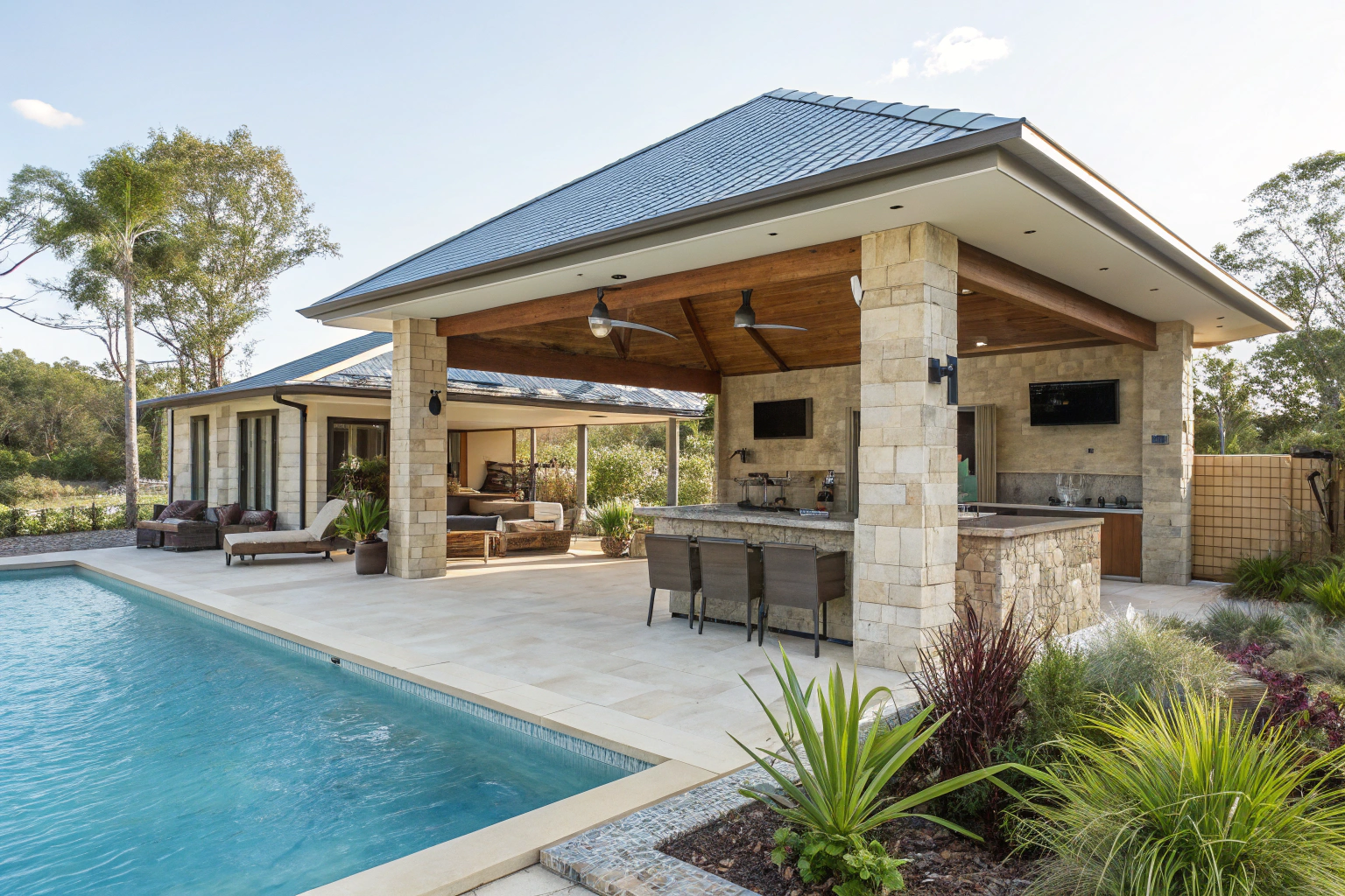 Detached pavilion shaped pergola around a pool
