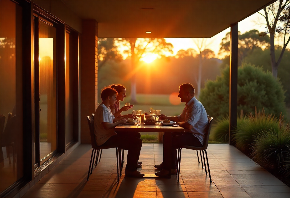 modern screened patio in Canberra showing a family of four enjoying a peaceful dinner at sunset