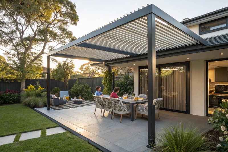 Family enjoying outdoor dining under pergola with adjustable louvers providing summer shade in Canberra backyard