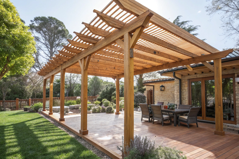 Natural hardwood timber pergola in Canberra garden showing warm wood finish and quality craftsmanship