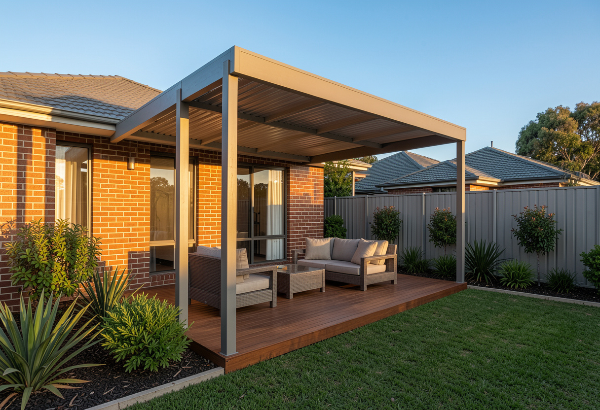 completed flat roof pergola attached to a brick home