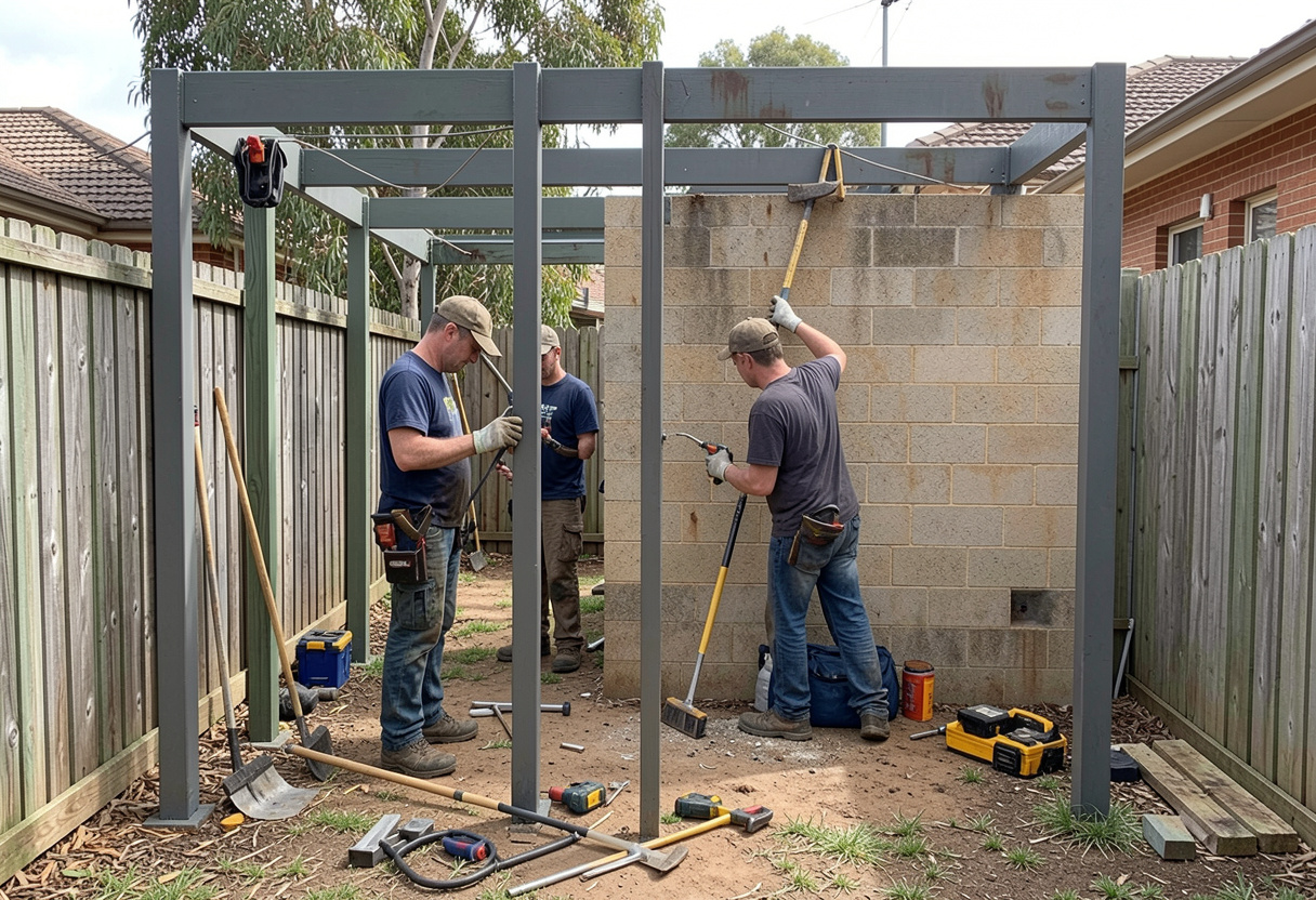 construction crew working in a narrow inner-city residential backyard in Fyshwick