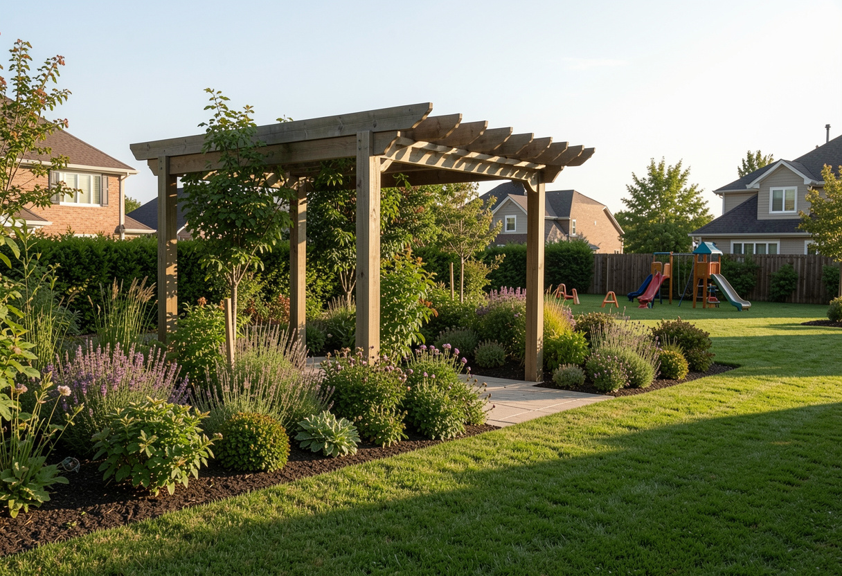 freestanding flat roof pergola positioned in the middle of a spacious backyard,