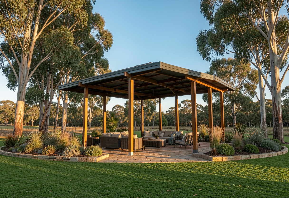 large freestanding timber and steel pergola on a spacious lifestyle property