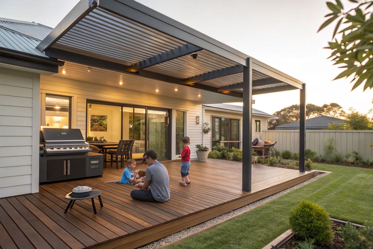 Family entertaining under a pergola in a Queanbeyan East backyard