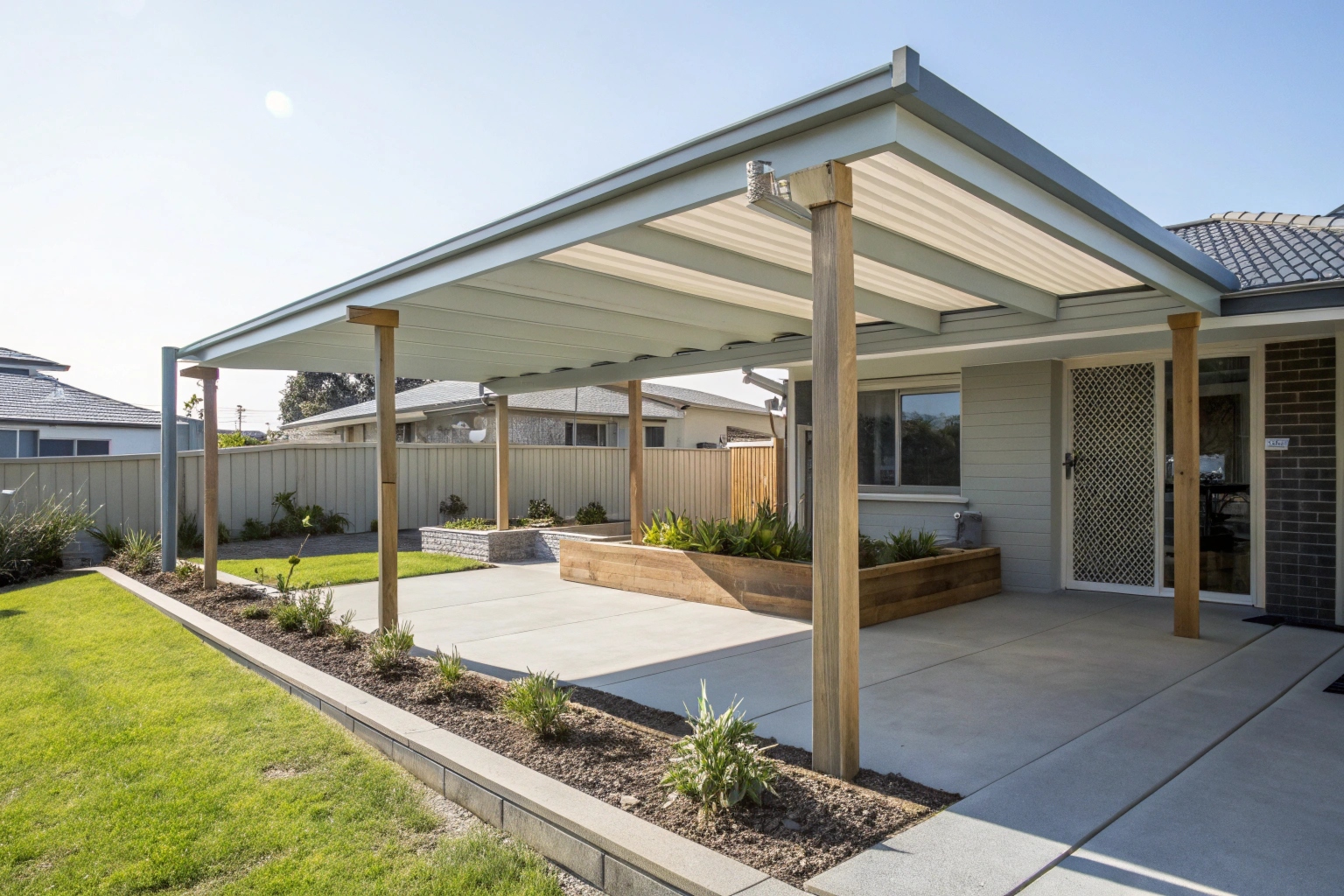 Flat roof pergola attached to a modern home in Queanbeyan East NSW