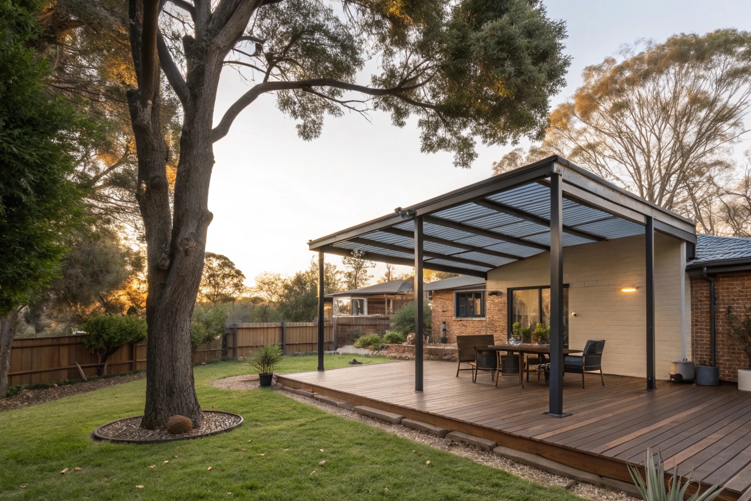 Freestanding steel pergola with Colorbond roof in a Canberra suburban backyard