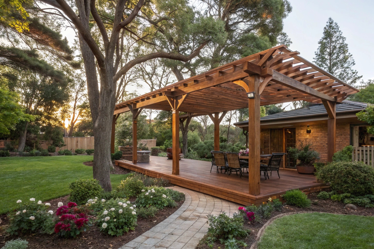 Custom hardwood timber pergola in a Griffith ACT backyard surrounded by mature gardens