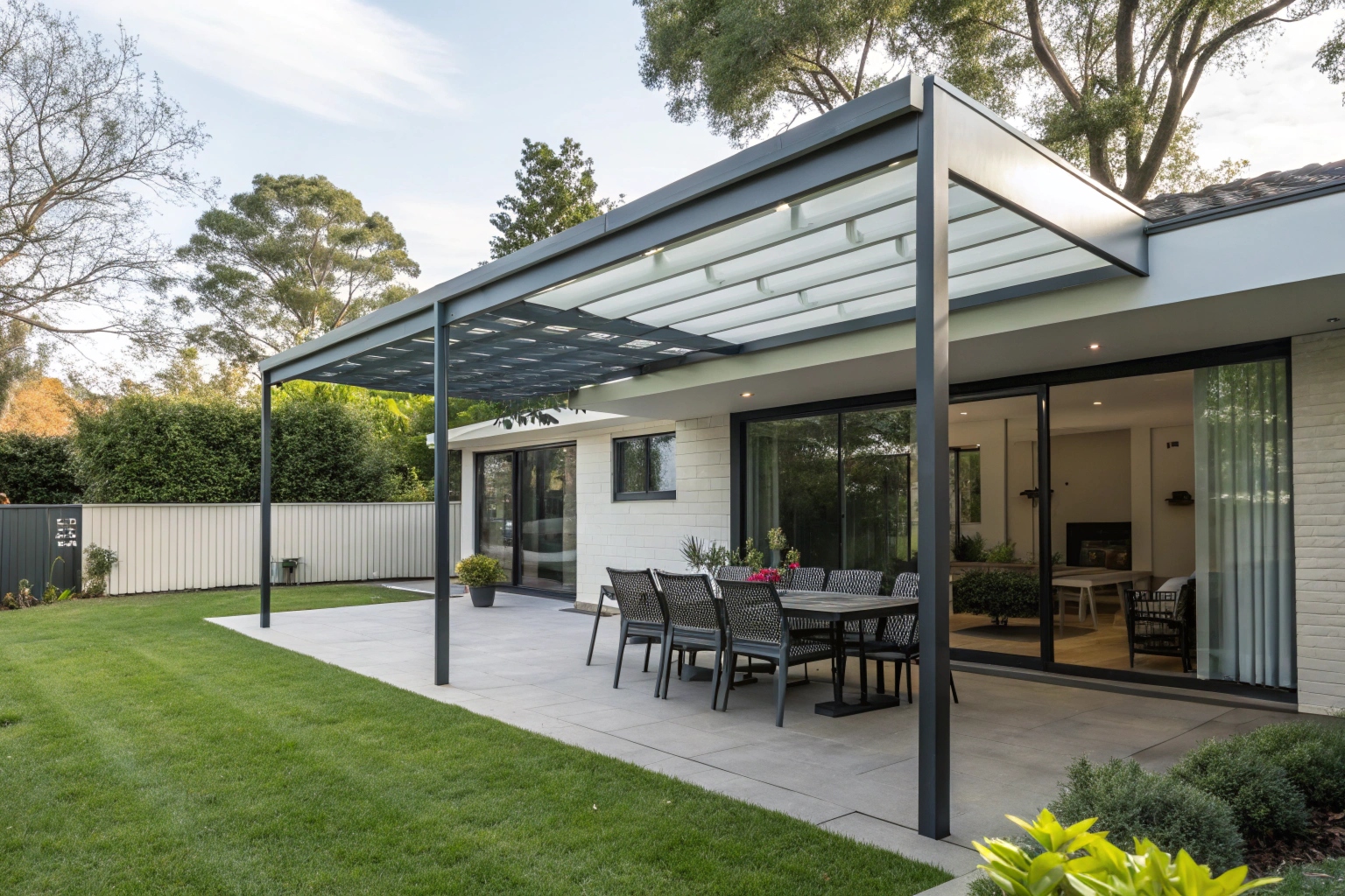 Modern steel pergola attached to a contemporary home in Griffith ACT