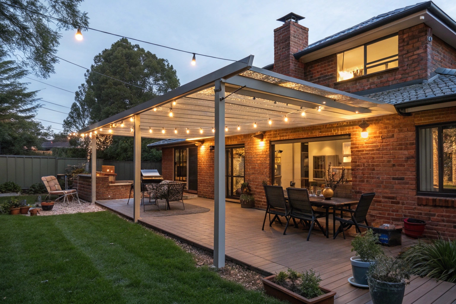 Covered alfresco pergola entertaining area attached to a Canberra home at dusk